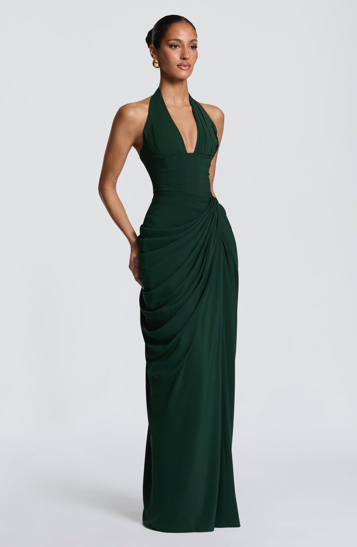 Linde halter-maxi-jurk met korsetlijfje en chiffonrok