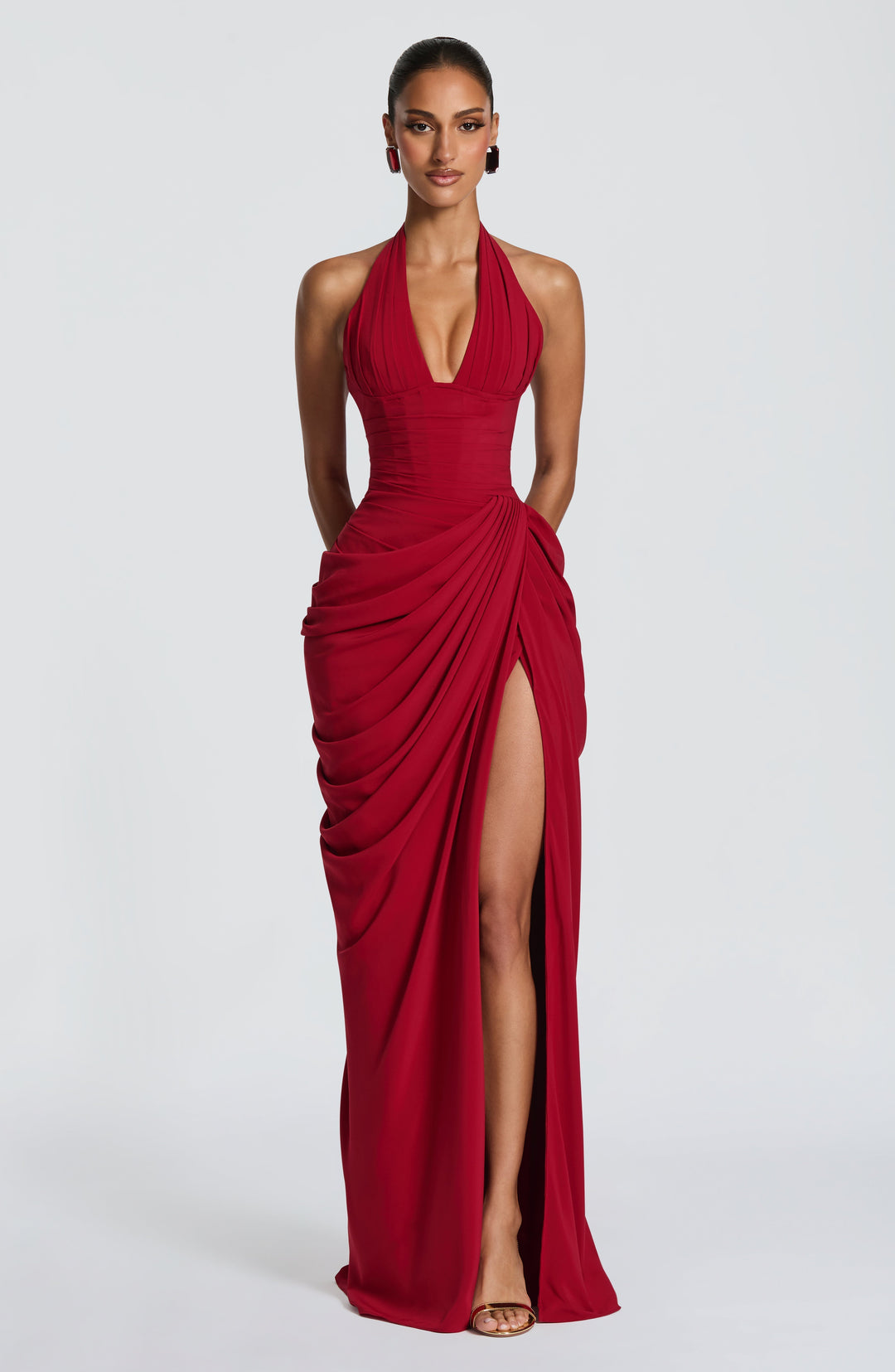 Linde halter-maxi-jurk met korsetlijfje en chiffonrok