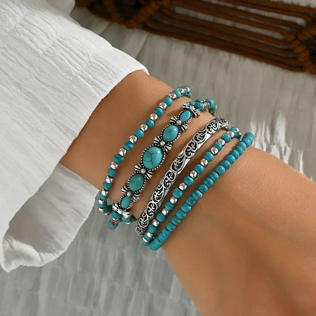 Boho-armbandenset – 5-delig, met turquoise kralen