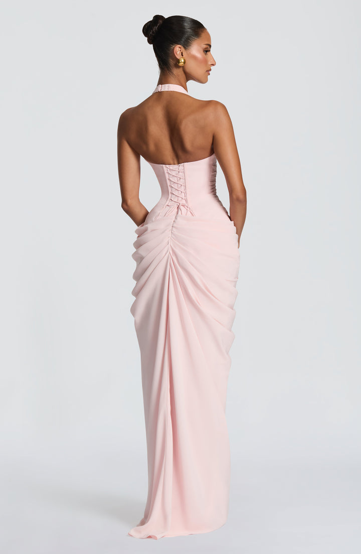 Linde halter-maxi-jurk met korsetlijfje en chiffonrok