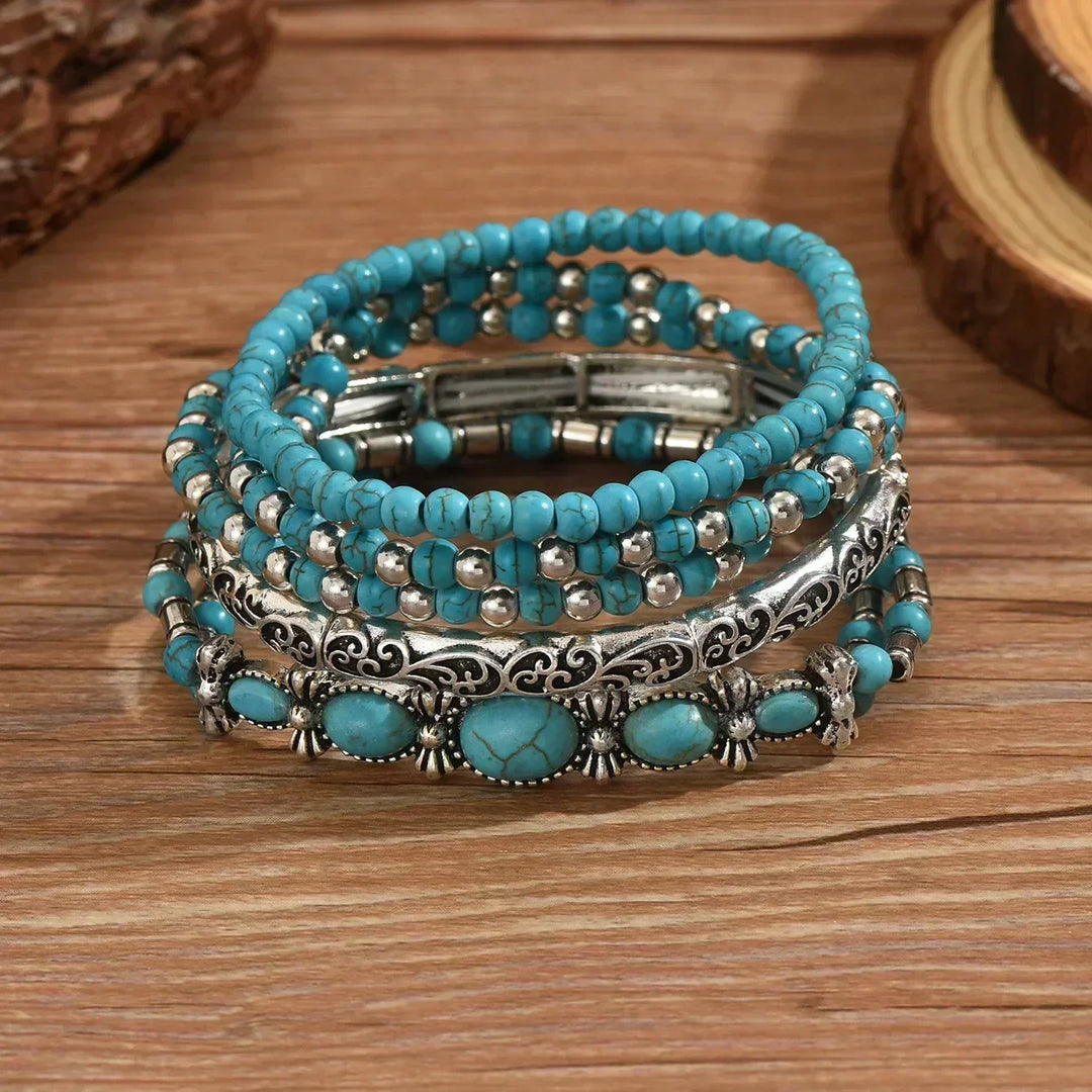 Boho-armbandenset – 5-delig, met turquoise kralen