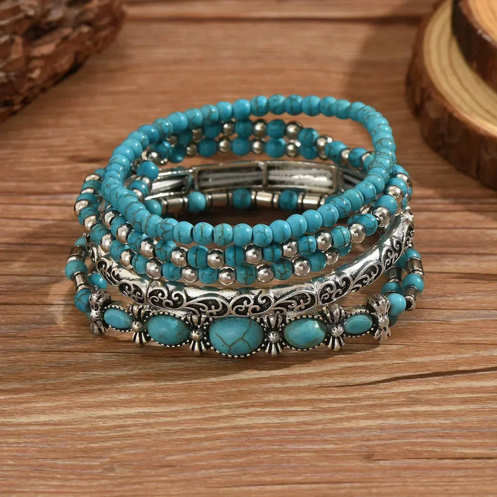 Boho-armbandenset – 5-delig, met turquoise kralen
