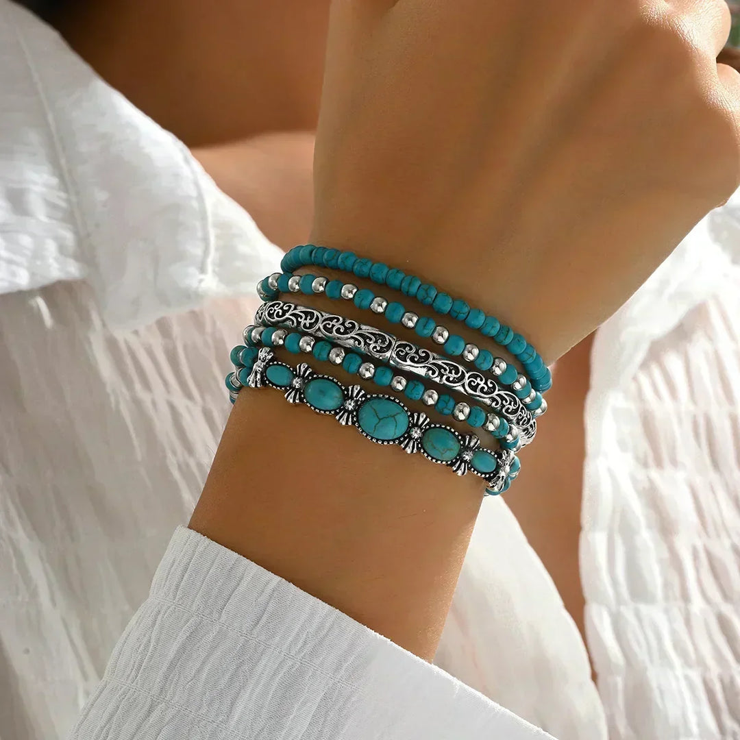 Boho-armbandenset – 5-delig, met turquoise kralen