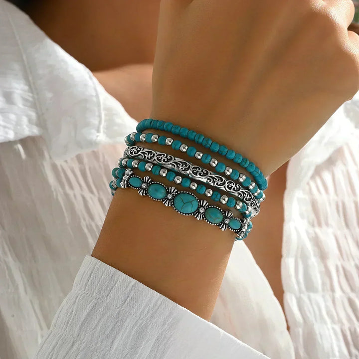 Boho-armbandenset – 5-delig, met turquoise kralen