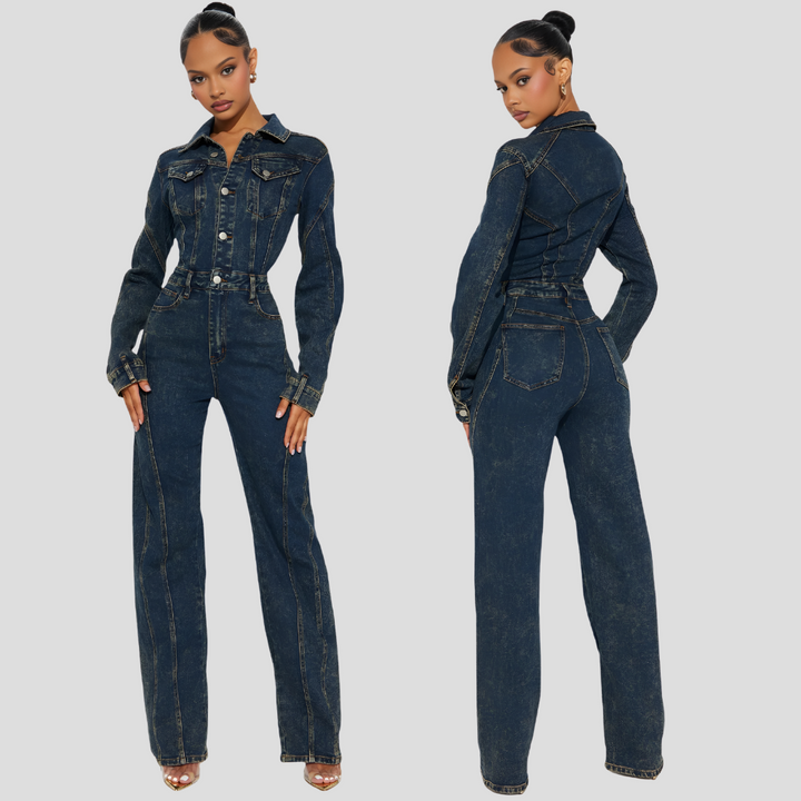 Spijker Jumpsuit met Rechte Pijpen en Lange Mouwen