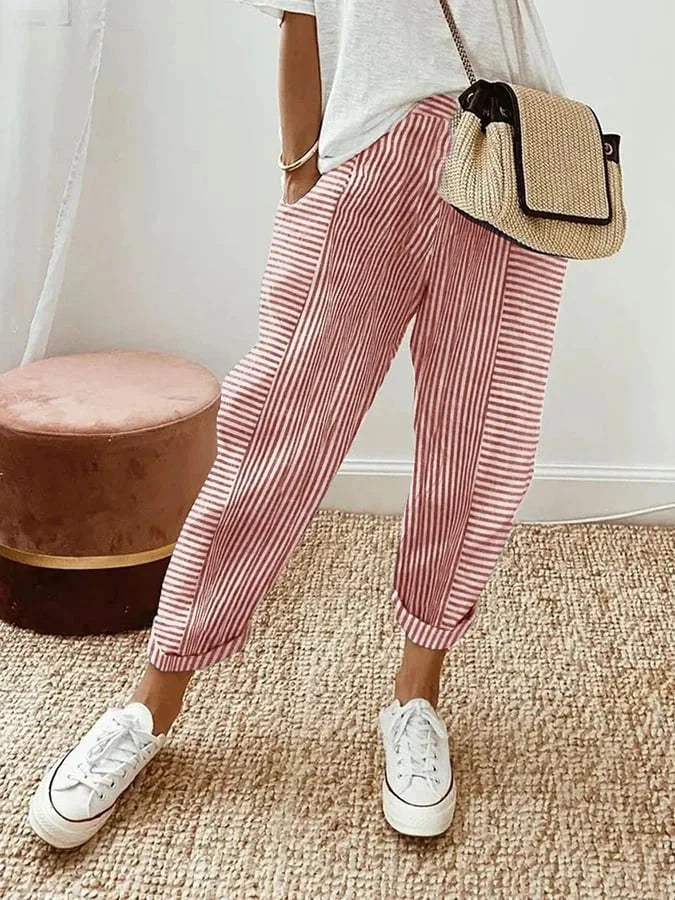Gestreepte katoenen dames broek - Zomerbroek voor vrouwen