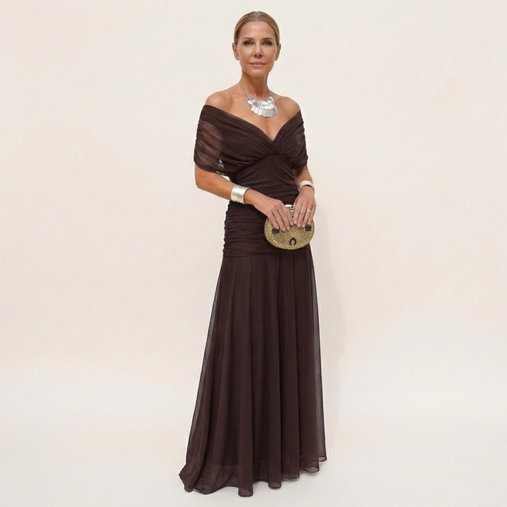 Lange, elegante, vloeiende damesjurk – V-hals, verfijnd design