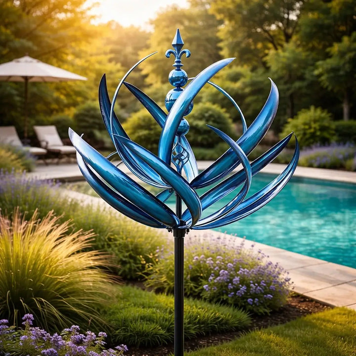 Windwijzer: metalen lotus-windspinner – roestbestendige tuindecoratie