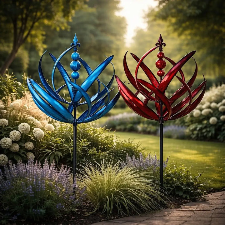 Windwijzer: metalen lotus-windspinner – roestbestendige tuindecoratie