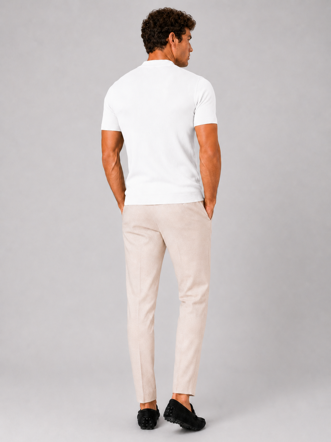 Heren-rib-T-shirt met opstaande kraag – getailleerde stretch top met korte mouwen