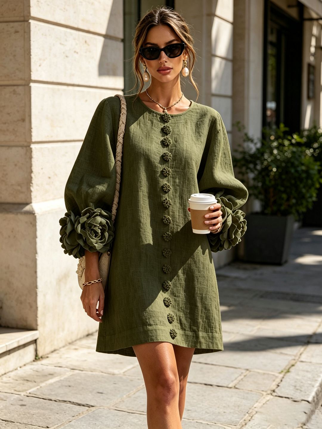 Elegante A-lijnjurk met volumineuze mouwen en bloemenknopen