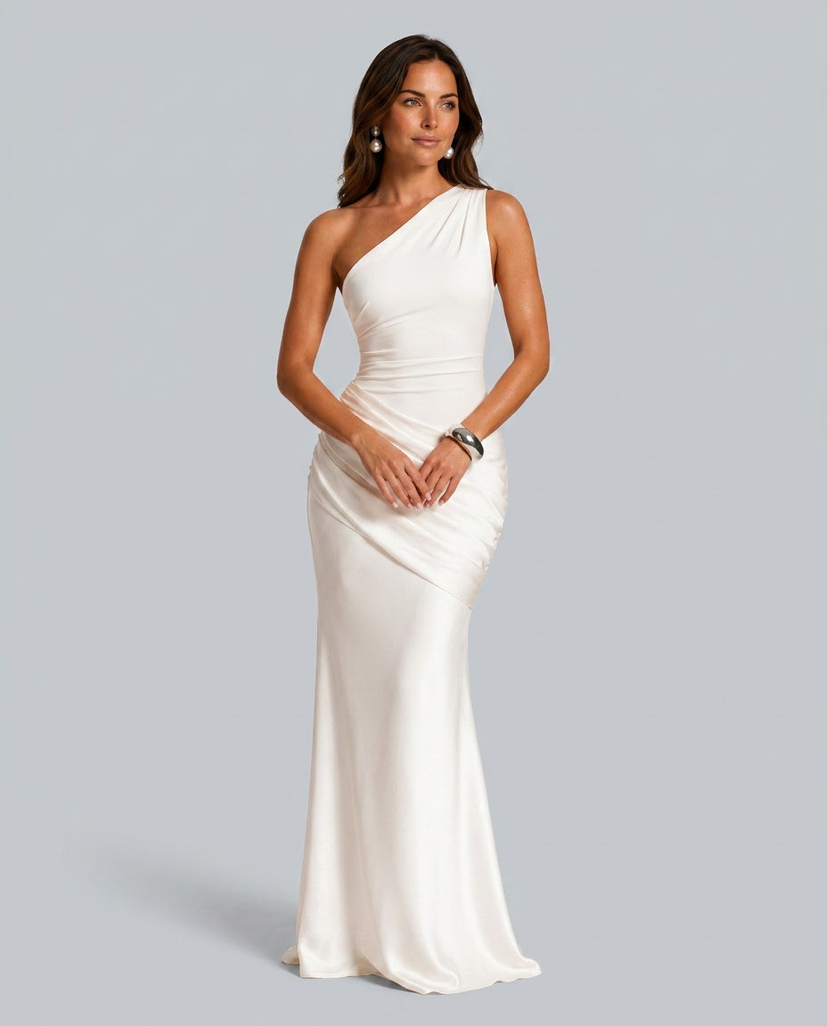 Gedrapeerde satijnen one-shoulder maxi-jurk