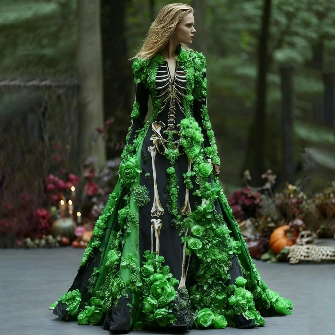 Dames maxi-jurk met lange mouwen en skelet-bloemenprint voor Halloweenfeesten