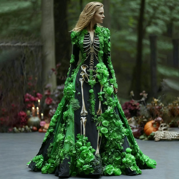 Dames maxi-jurk met lange mouwen en skelet-bloemenprint voor Halloweenfeesten