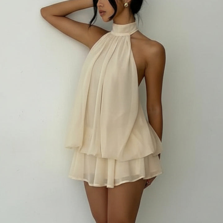 Chiffon Halter Tea Length Dress Sassy Skirt