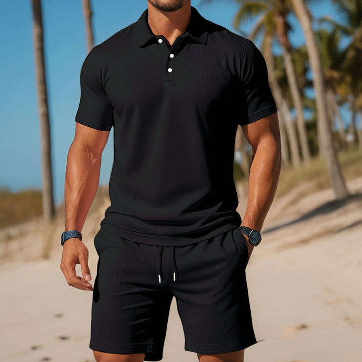 Men's Casual Beach Mesh Lapel Set Summer Comfortable Breathable Loose Solid-Color Sports Short-Sleeved Shirt And Shorts Set