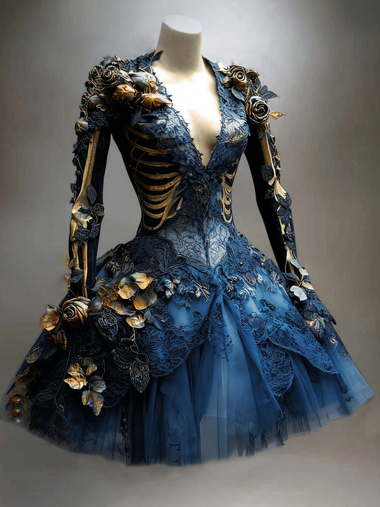 Gothic minijurk met skeletdetails en lange mouwen voor Halloween