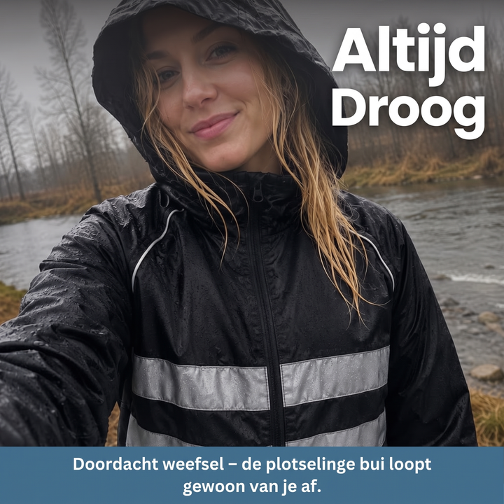 Waterdichte, winddichte, ademende fietsjas met ventilatieopeningen onder de oksels en reflecterende strepen