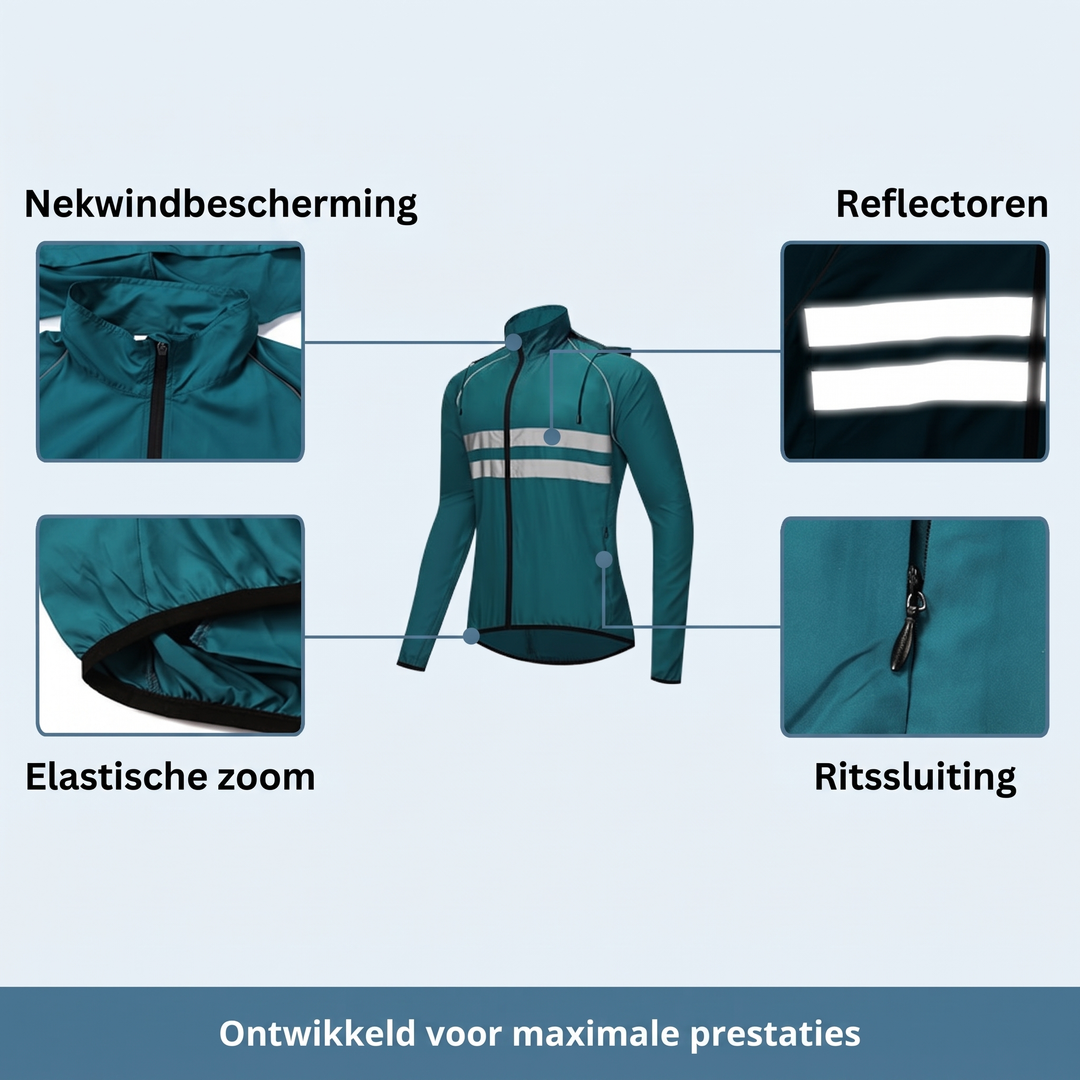 Waterdichte, winddichte, ademende fietsjas met ventilatieopeningen onder de oksels en reflecterende strepen