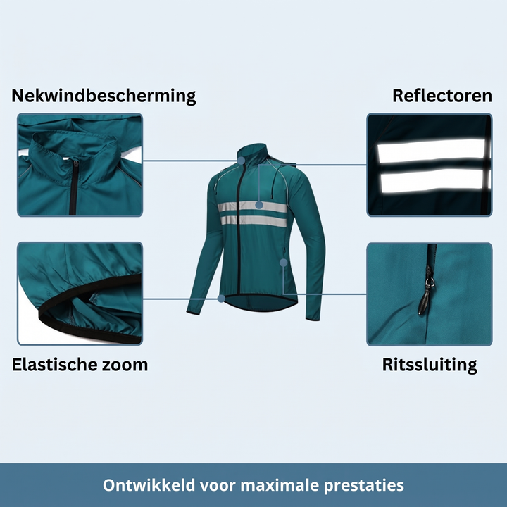Waterdichte, winddichte, ademende fietsjas met ventilatieopeningen onder de oksels en reflecterende strepen