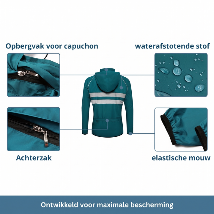 Waterdichte, winddichte, ademende fietsjas met ventilatieopeningen onder de oksels en reflecterende strepen