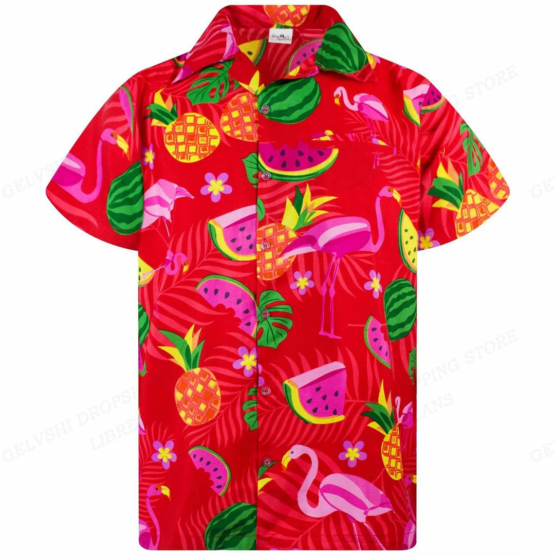 Nico - 3D flamingo bedrukt Hawai overhemd heren