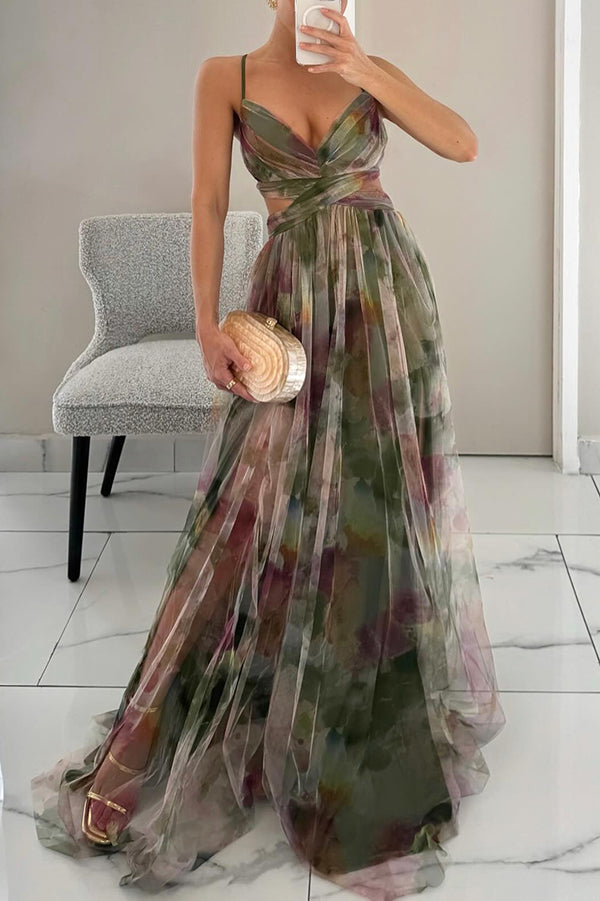 Robe longue femme multicolore à fines bretelles décolleté en V fluide