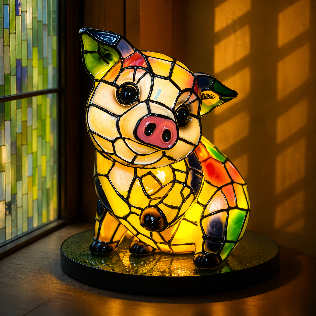 Vintage glas-in-lood dierentafellamp met mozaïekpanelen