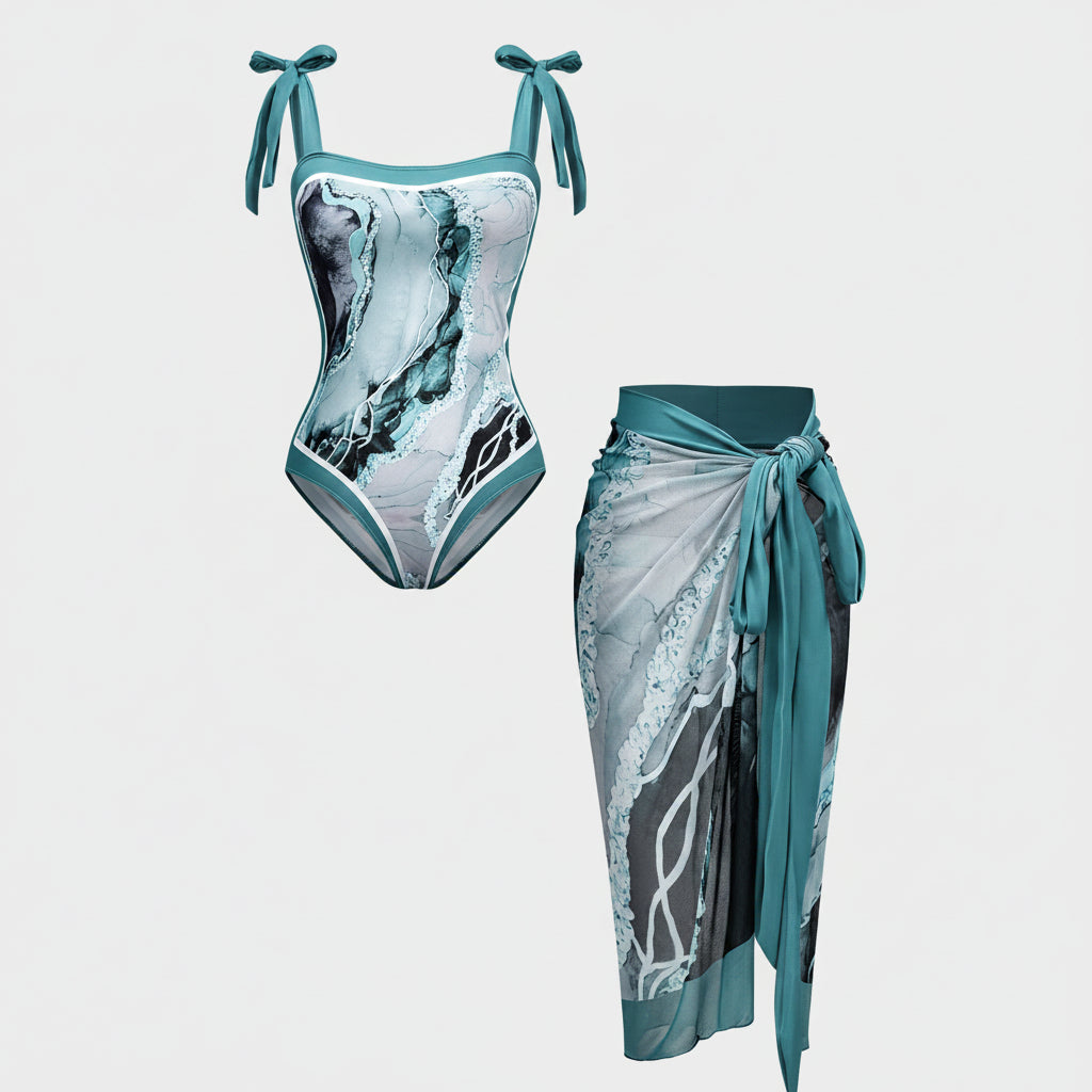 Badpak Set Dames Met Pareo Abstracte Print Strikbanden — afbeelding 1