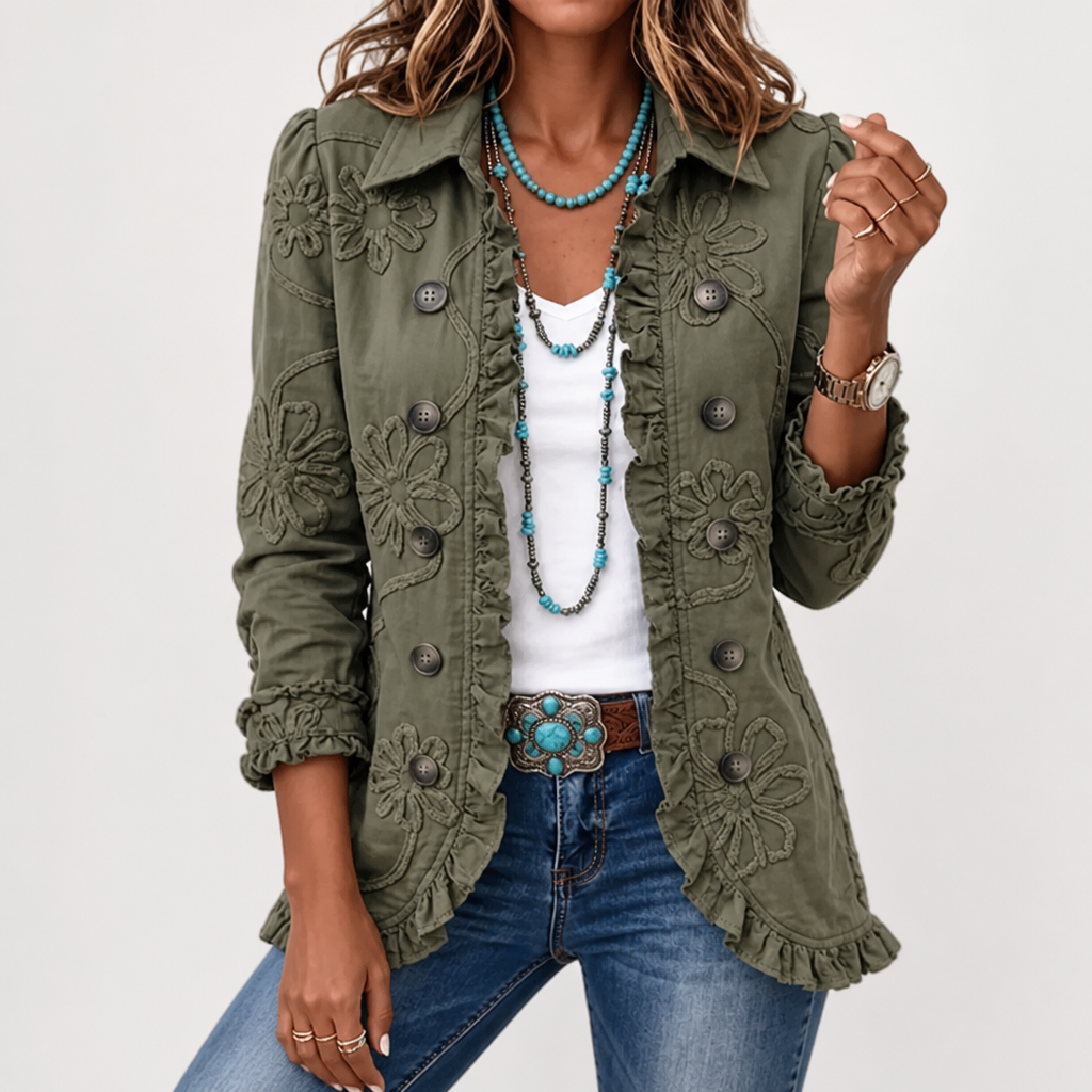 Utilityjack met bloemenborduursel – vintage boho-stijl met ruches