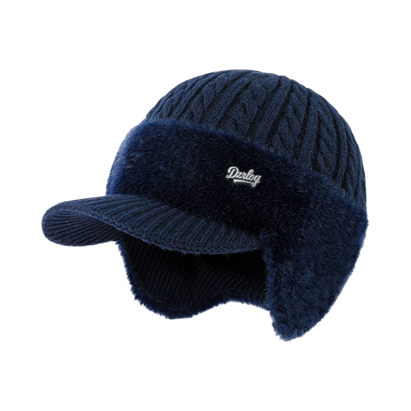 Muts met oorflappen, winterklep, kabelgebreid met nepbont fleecevoering