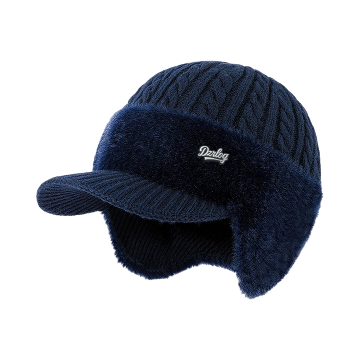 Muts met oorflappen, winterklep, kabelgebreid met nepbont fleecevoering