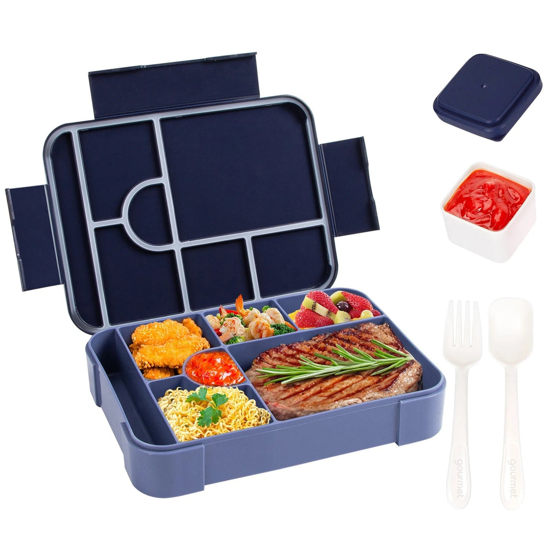 Lekvrije bento-lunchbox met 7 vakken, bestek en sausbakje, magnetronbestendig