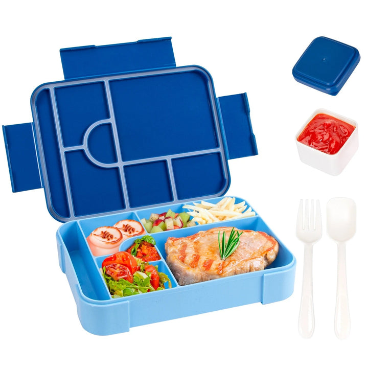 Lekvrije bento-lunchbox met 7 vakken, bestek en sausbakje, magnetronbestendig