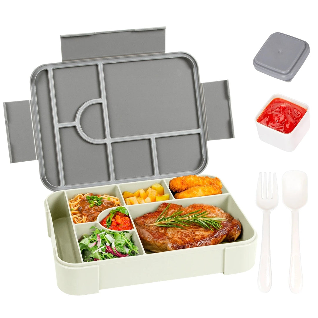 Lekvrije bento-lunchbox met 7 vakken, bestek en sausbakje, magnetronbestendig