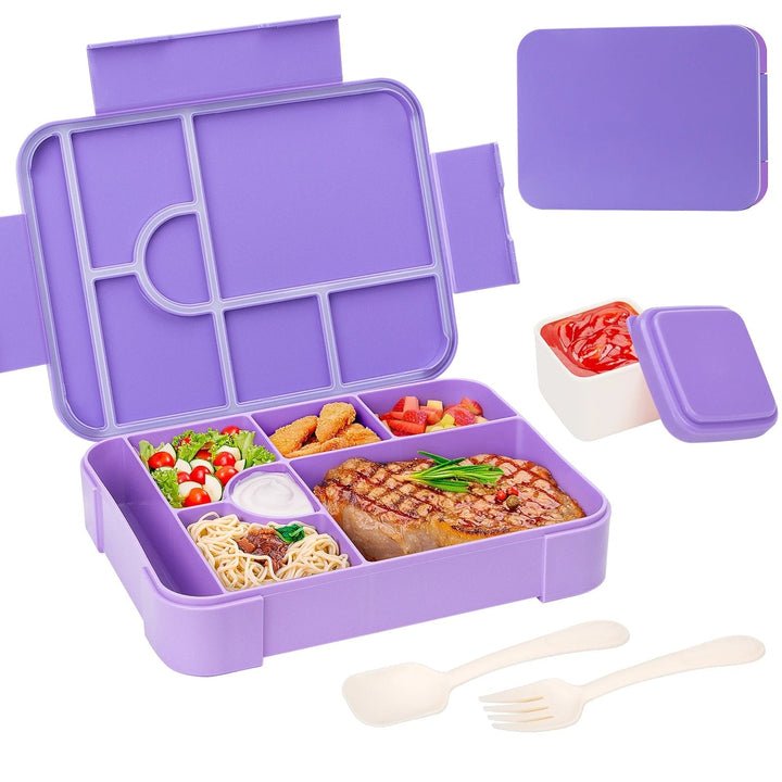 Lekvrije bento-lunchbox met 7 vakken, bestek en sausbakje, magnetronbestendig