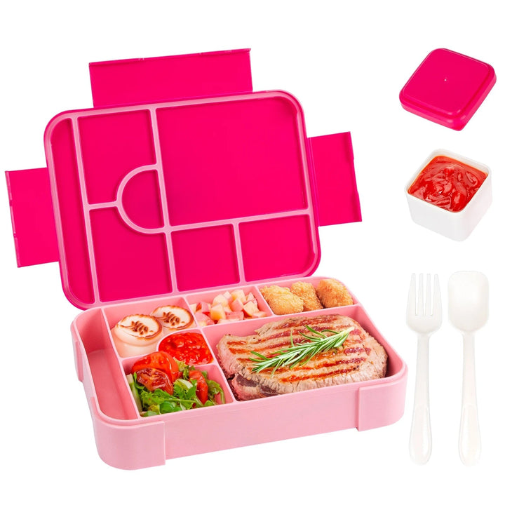 Lekvrije bento-lunchbox met 7 vakken, bestek en sausbakje, magnetronbestendig