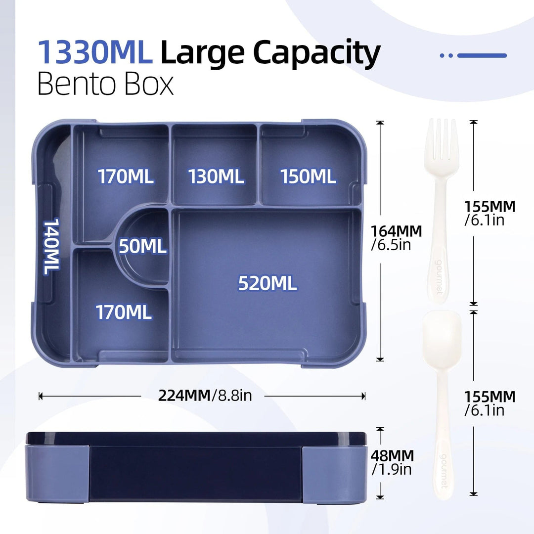 Lekvrije bento-lunchbox met 7 vakken, bestek en sausbakje, magnetronbestendig