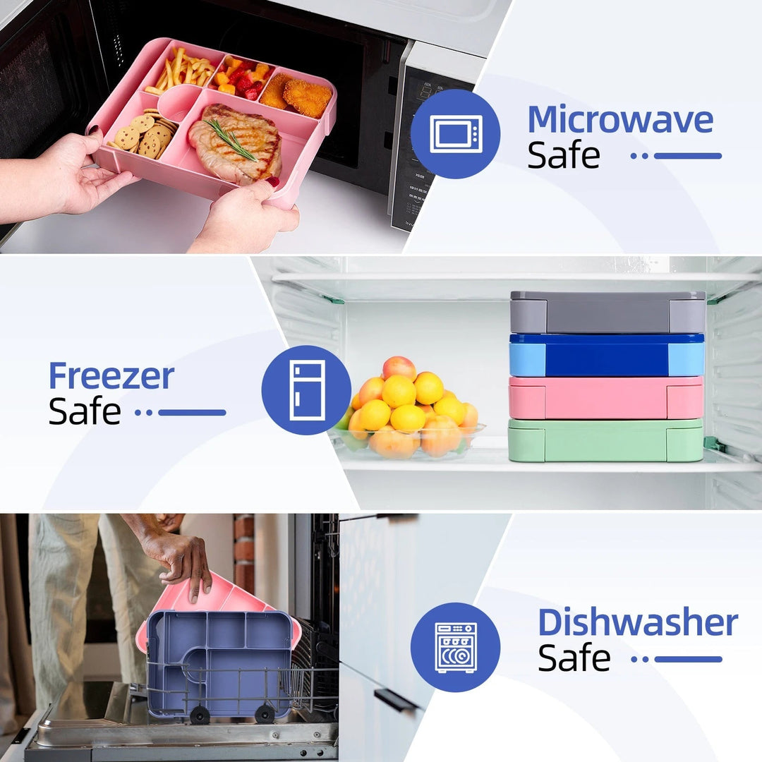 Lekvrije bento-lunchbox met 7 vakken, bestek en sausbakje, magnetronbestendig