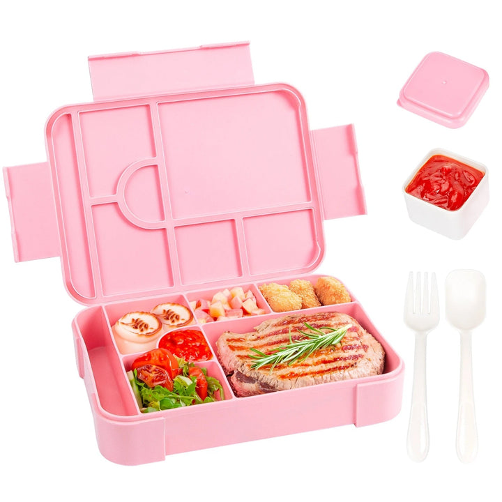 Lekvrije bento-lunchbox met 7 vakken, bestek en sausbakje, magnetronbestendig