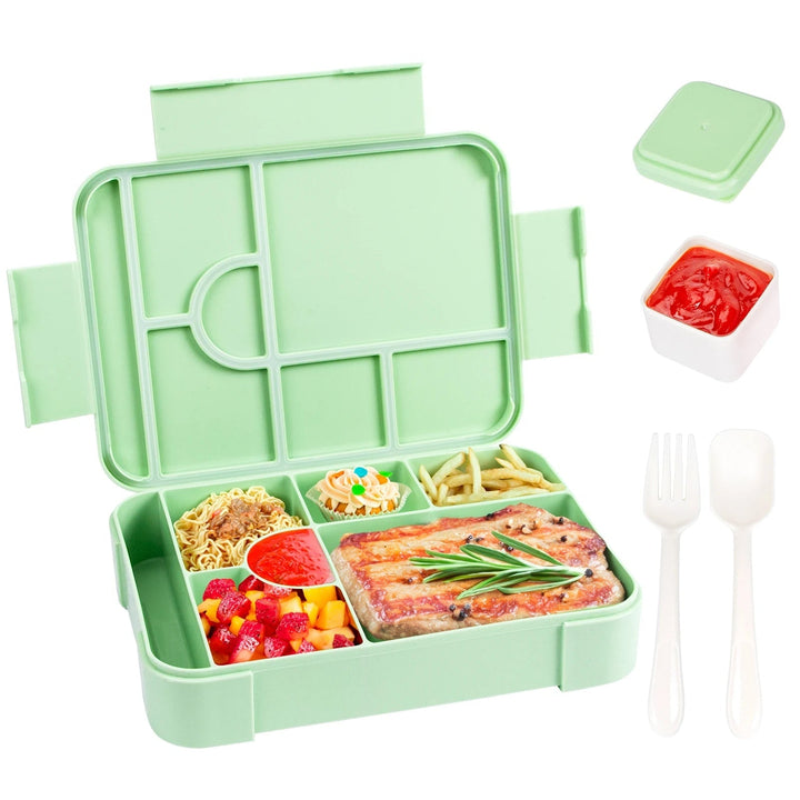 Lekvrije bento-lunchbox met 7 vakken, bestek en sausbakje, magnetronbestendig