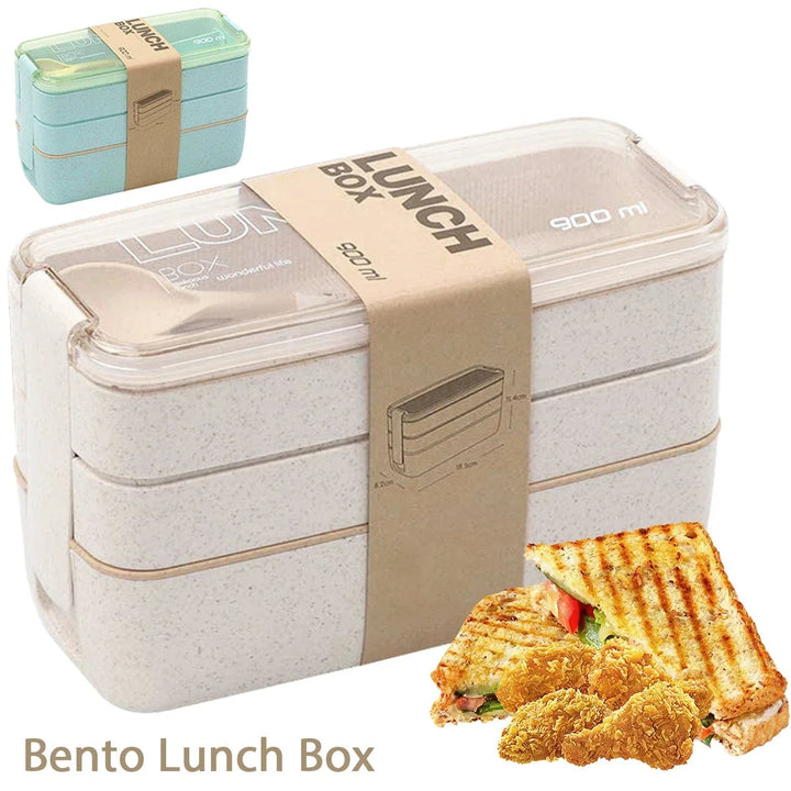 Bento-lunchbox met drie lagen, stapelbaar, lekvrije vakken en bestek