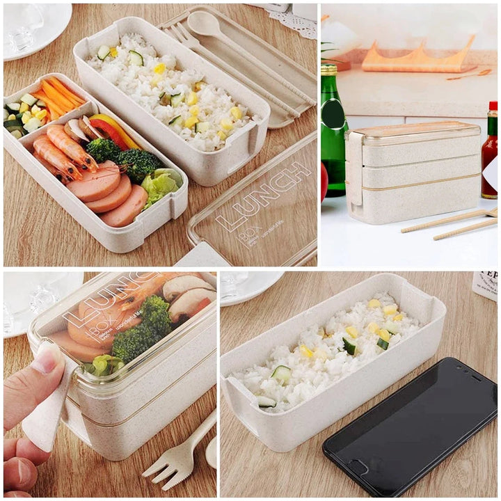 Bento-lunchbox met drie lagen, stapelbaar, lekvrije vakken en bestek