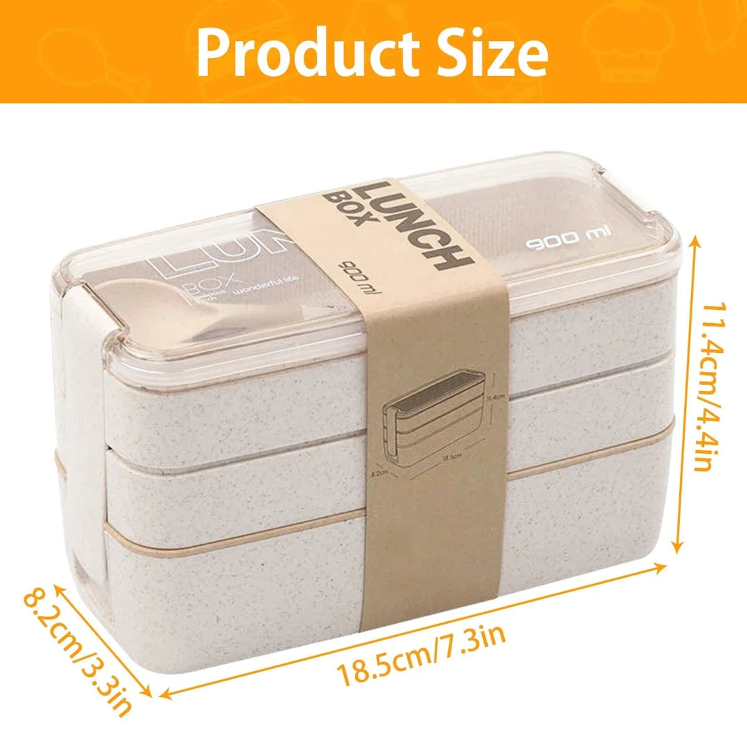 Bento-lunchbox met drie lagen, stapelbaar, lekvrije vakken en bestek