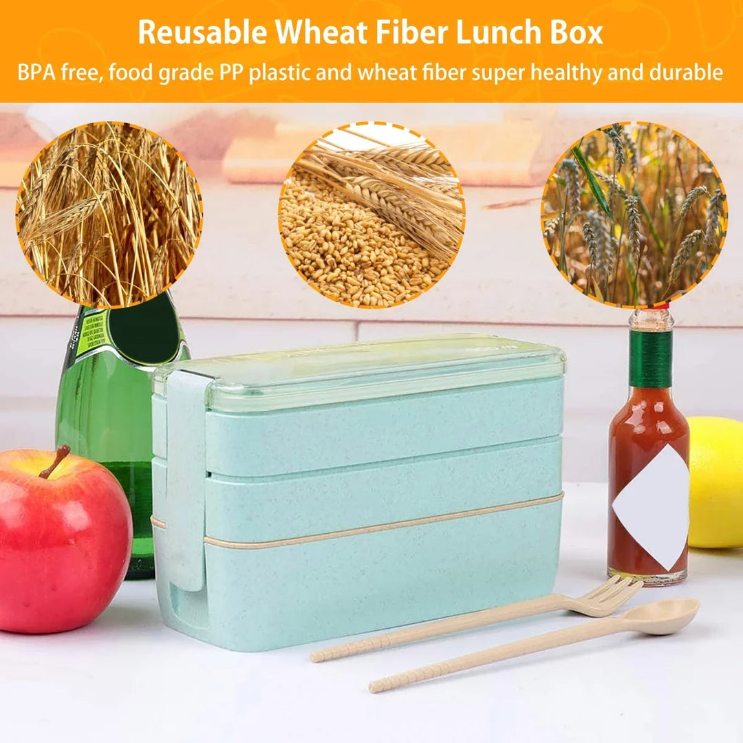 Bento-lunchbox met drie lagen, stapelbaar, lekvrije vakken en bestek