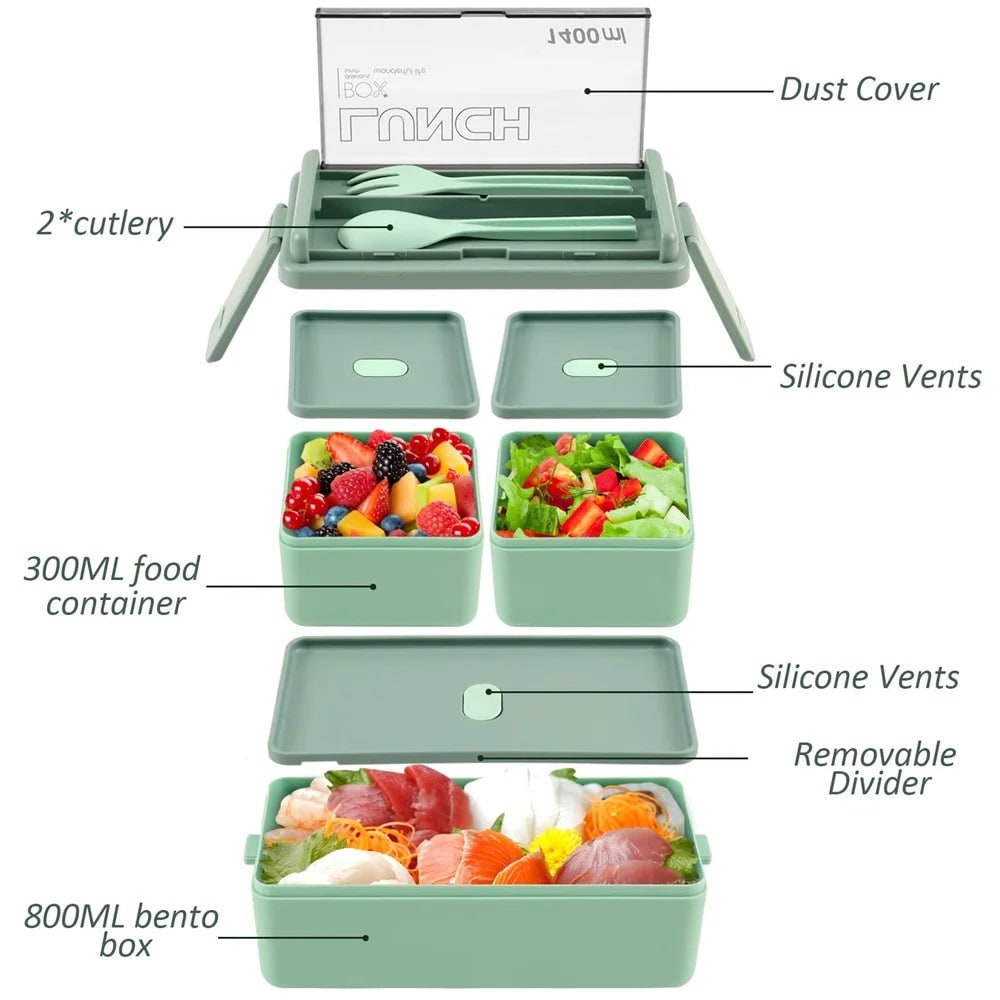 Bento lunchbox draagbaar dubbellaags met vakken en bestek