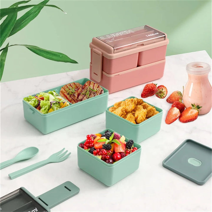Bento lunchbox draagbaar dubbellaags met vakken en bestek