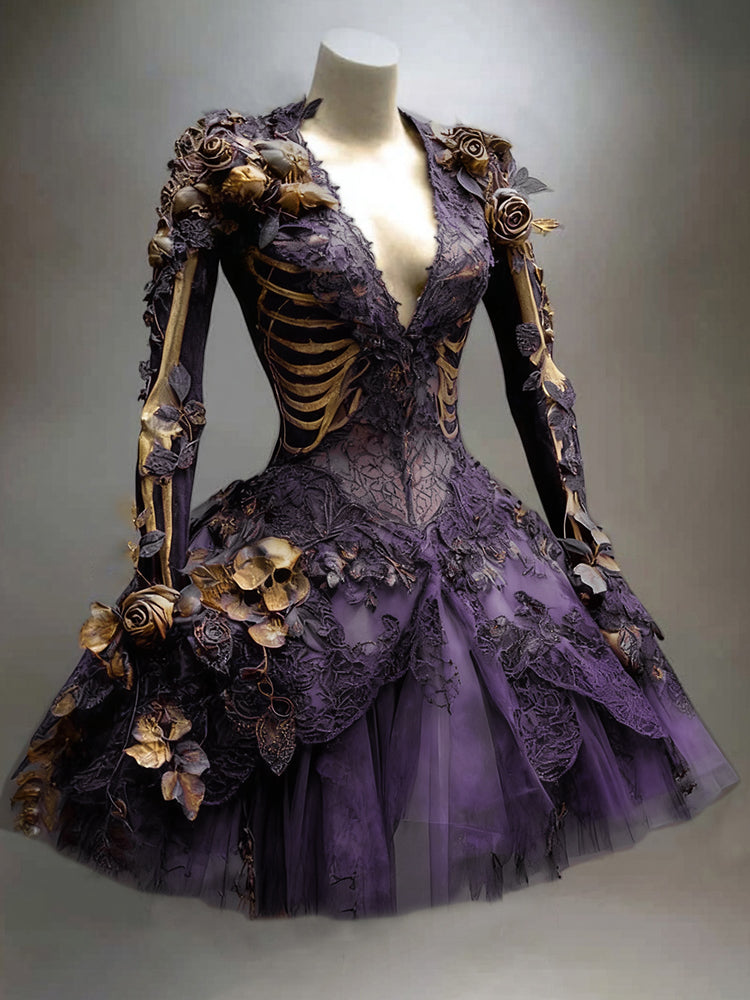 Gothic minijurk met skeletdetails en lange mouwen voor Halloween
