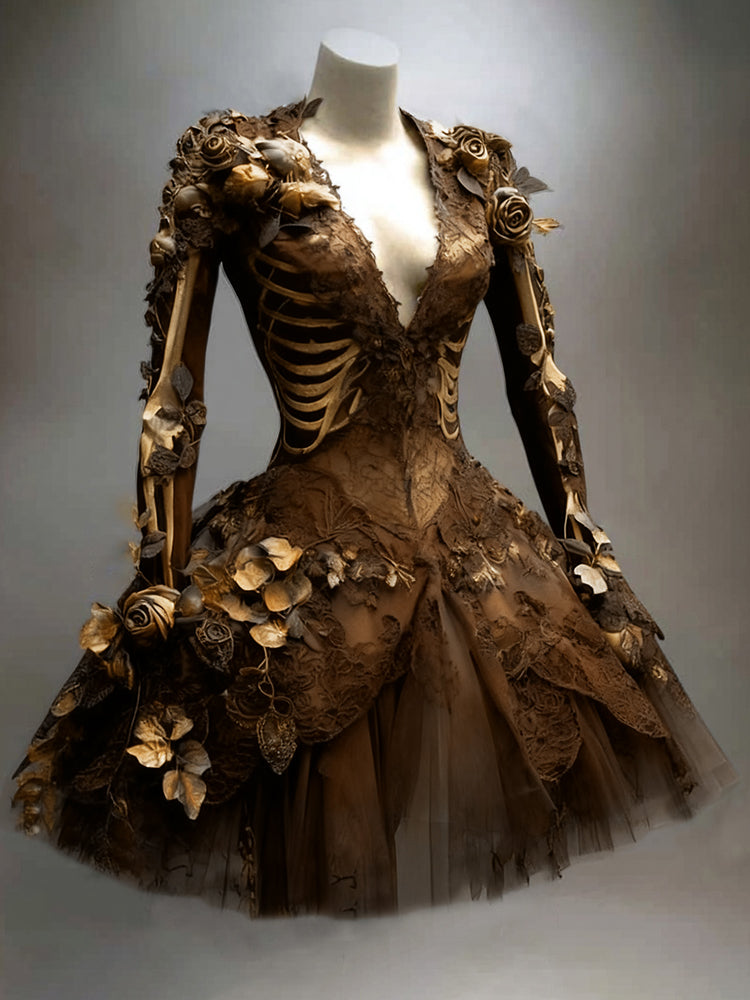 Gothic minijurk met skeletdetails en lange mouwen voor Halloween