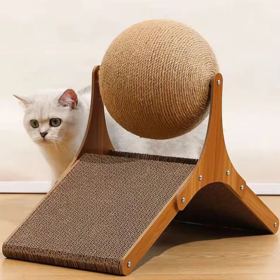 Krabpaalbal voor katten met kartonnen helling en draaiend sisalspeeltje met voet